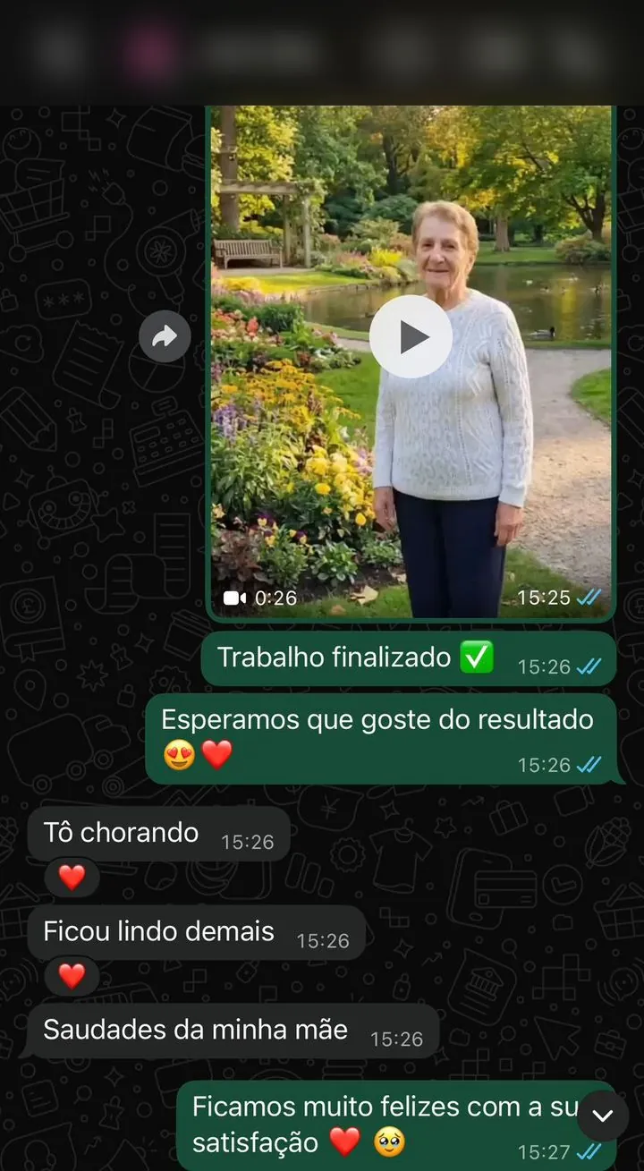 Reação real de uma cliente da Eterniza no WhatsApp